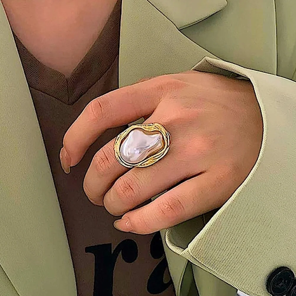 Irregular Pearl Rings Gold Baroque Statement Ring Adjustable Chunky Wedding